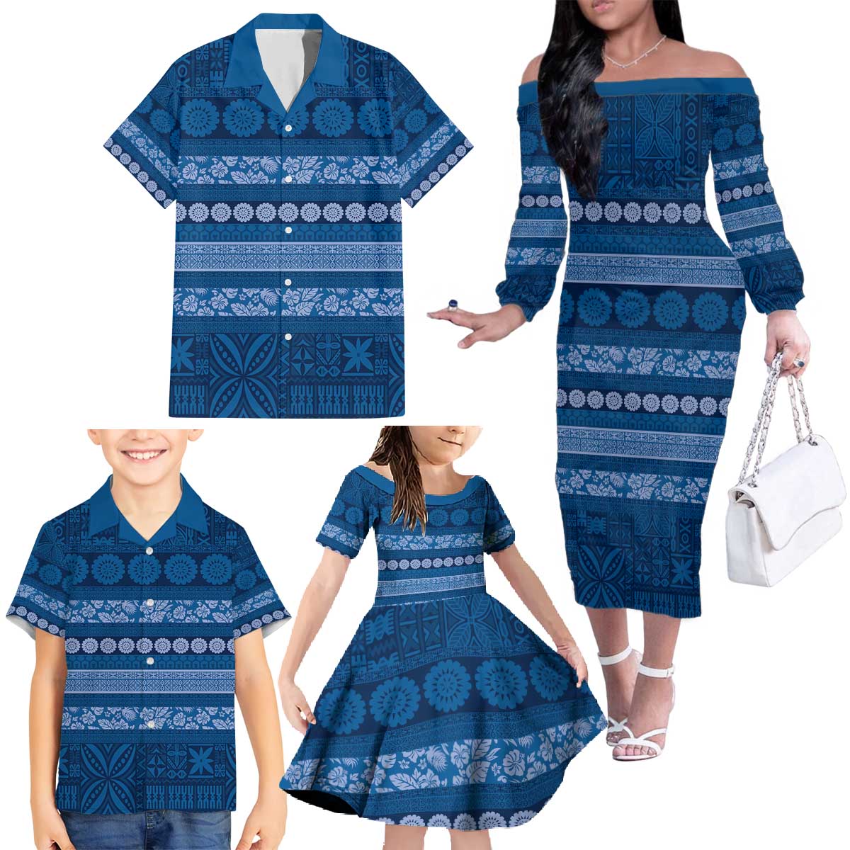 Fiji Marau na Kerisimasi Family Matching Off The Shoulder Long Sleeve Dress and Hawaiian Shirt Blue Tapa Masi Inspired Christmas - Polynesian Pride