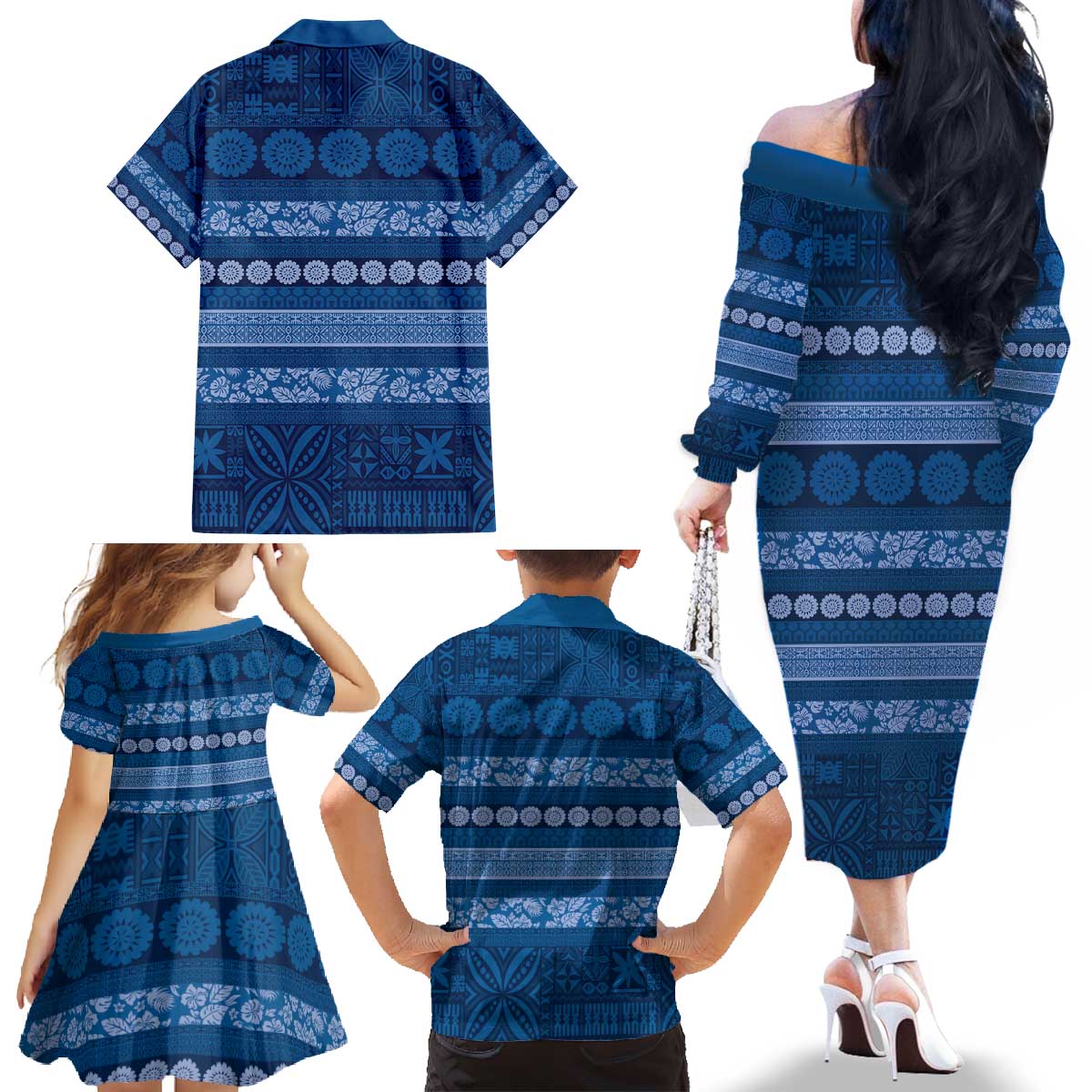 Fiji Marau na Kerisimasi Family Matching Off The Shoulder Long Sleeve Dress and Hawaiian Shirt Blue Tapa Masi Inspired Christmas - Polynesian Pride