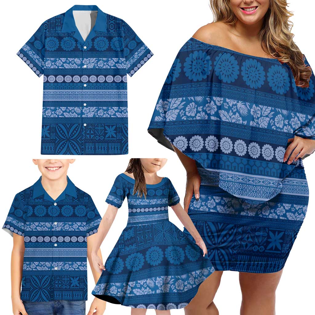 Fiji Marau na Kerisimasi Family Matching Off Shoulder Short Dress and Hawaiian Shirt Blue Tapa Masi Inspired Christmas - Polynesian Pride