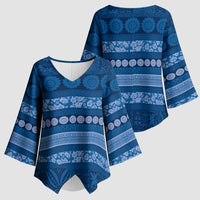 Fiji Marau na Kerisimasi Kimono Sleeve Blouse Blue Tapa Masi Inspired Christmas - Polynesian Pride