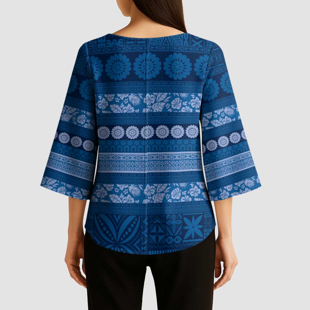 Fiji Marau na Kerisimasi Kimono Sleeve Blouse Blue Tapa Masi Inspired Christmas - Polynesian Pride