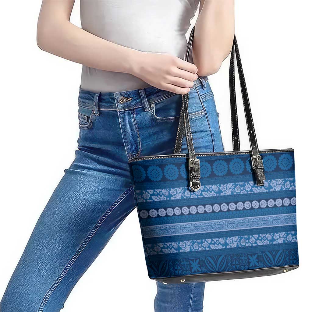 Fiji Marau na Kerisimasi Leather Tote Bag Blue Tapa Masi Inspired Christmas - Polynesian Pride