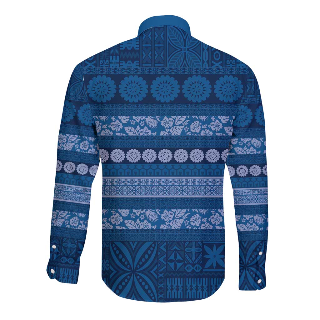 Fiji Marau na Kerisimasi Long Sleeve Button Shirt Blue Tapa Masi Inspired Christmas - Polynesian Pride