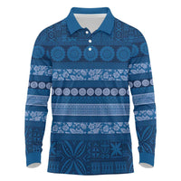 Fiji Marau na Kerisimasi Long Sleeve Polo Shirt Blue Tapa Masi Inspired Christmas - Polynesian Pride