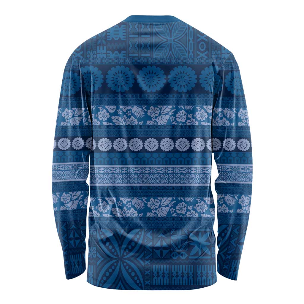 Fiji Marau na Kerisimasi Long Sleeve Shirt Blue Tapa Masi Inspired Christmas - Polynesian Pride