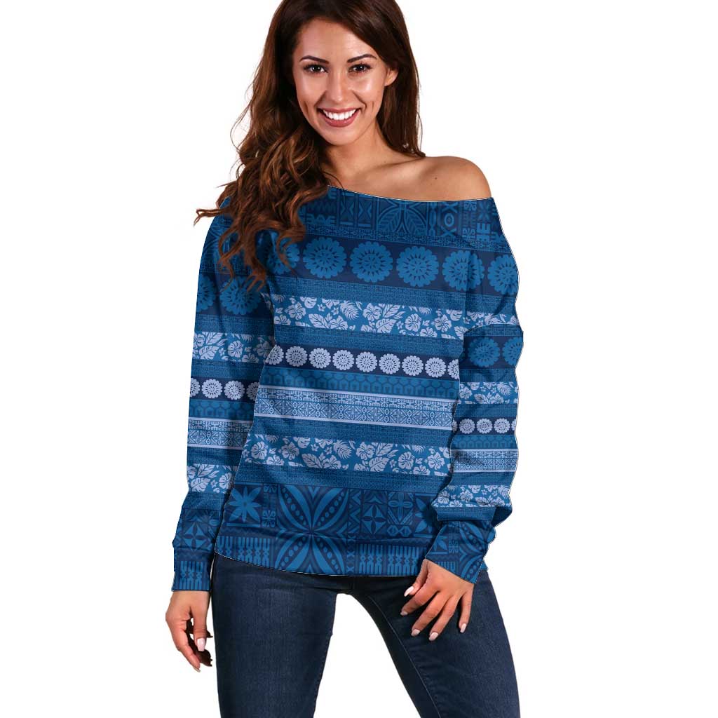 Fiji Marau na Kerisimasi Off Shoulder Sweater Blue Tapa Masi Inspired Christmas - Polynesian Pride