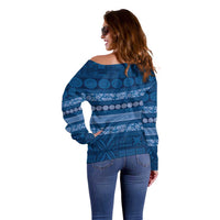 Fiji Marau na Kerisimasi Off Shoulder Sweater Blue Tapa Masi Inspired Christmas - Polynesian Pride