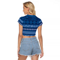 Fiji Marau na Kerisimasi Raglan Cropped T Shirt Blue Tapa Masi Inspired Christmas - Polynesian Pride