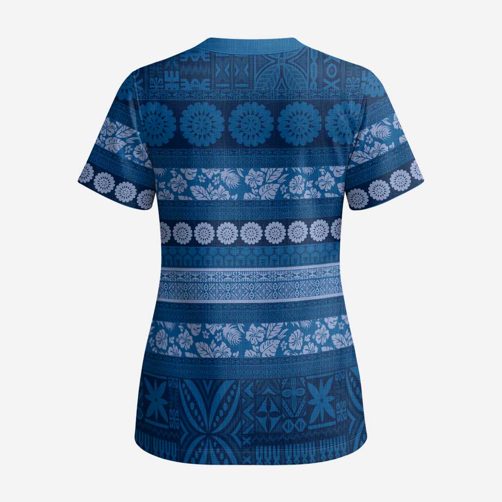 Fiji Marau na Kerisimasi Scrub Top Blue Tapa Masi Inspired Christmas - Polynesian Pride