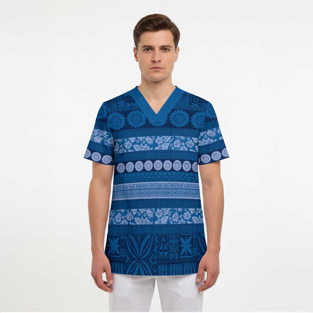 Fiji Marau na Kerisimasi Scrub Top Blue Tapa Masi Inspired Christmas - Polynesian Pride