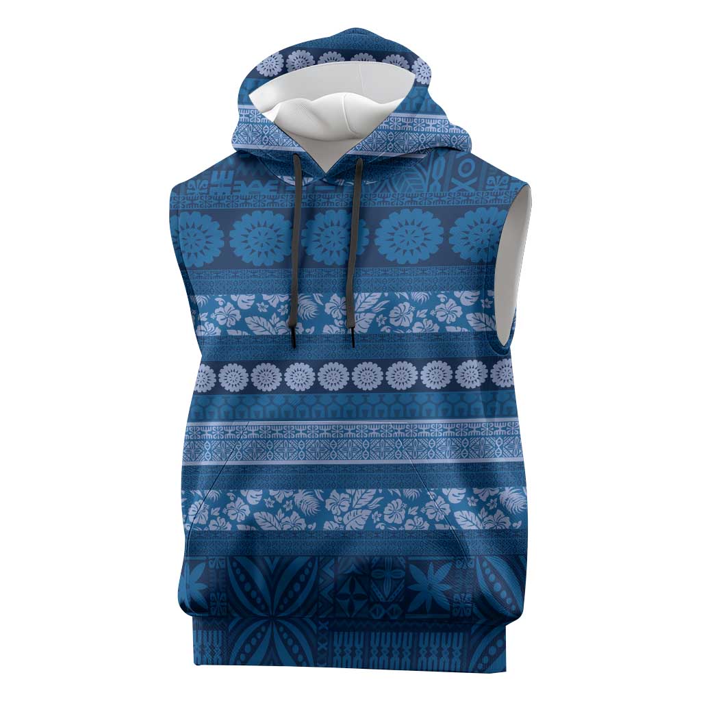 Fiji Marau na Kerisimasi Sleeveless Hoodie Blue Tapa Masi Inspired Christmas - Polynesian Pride