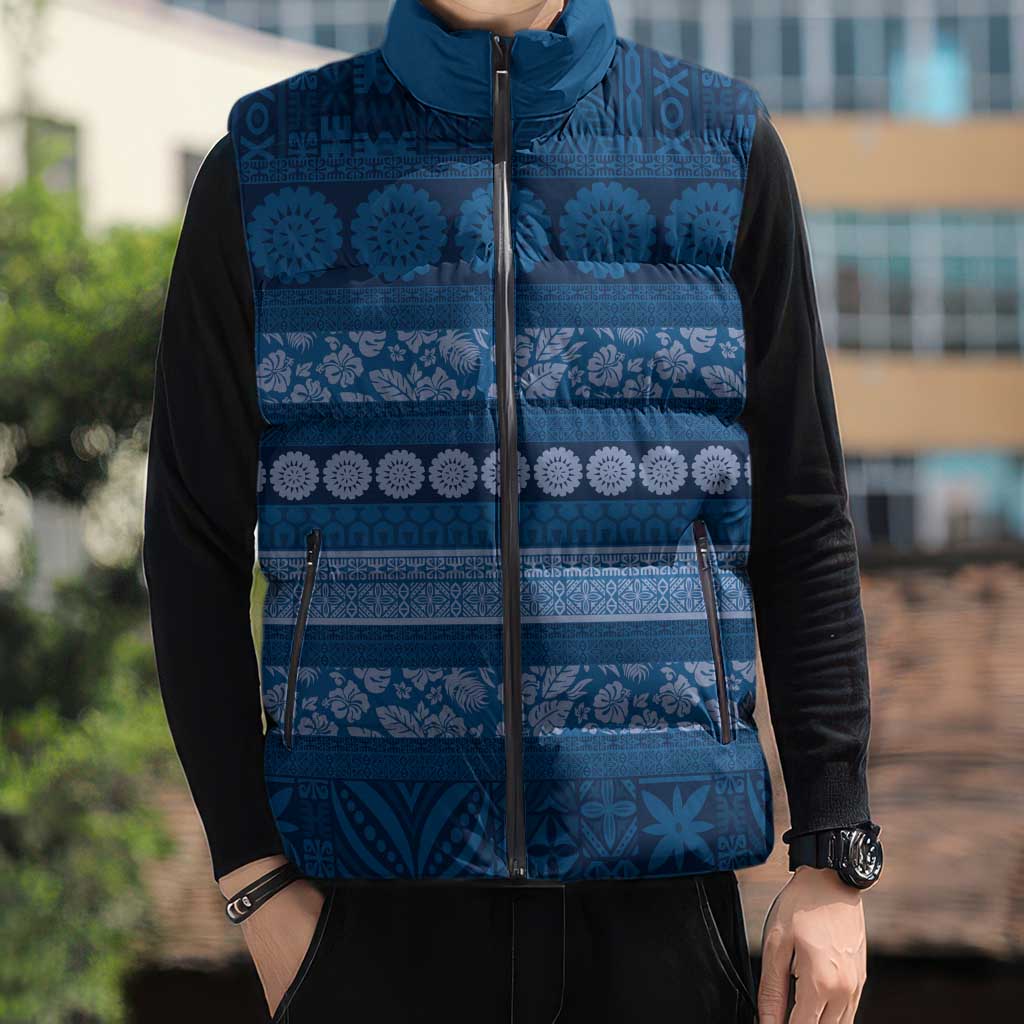 Fiji Marau na Kerisimasi Sleeveless Puffer Jacket Blue Tapa Masi Inspired Christmas - Polynesian Pride