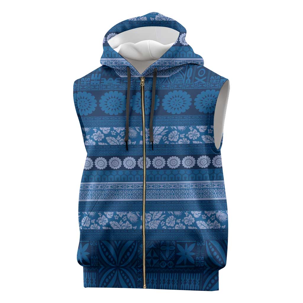 Fiji Marau na Kerisimasi Sleeveless Zip Hoodie Blue Tapa Masi Inspired Christmas - Polynesian Pride