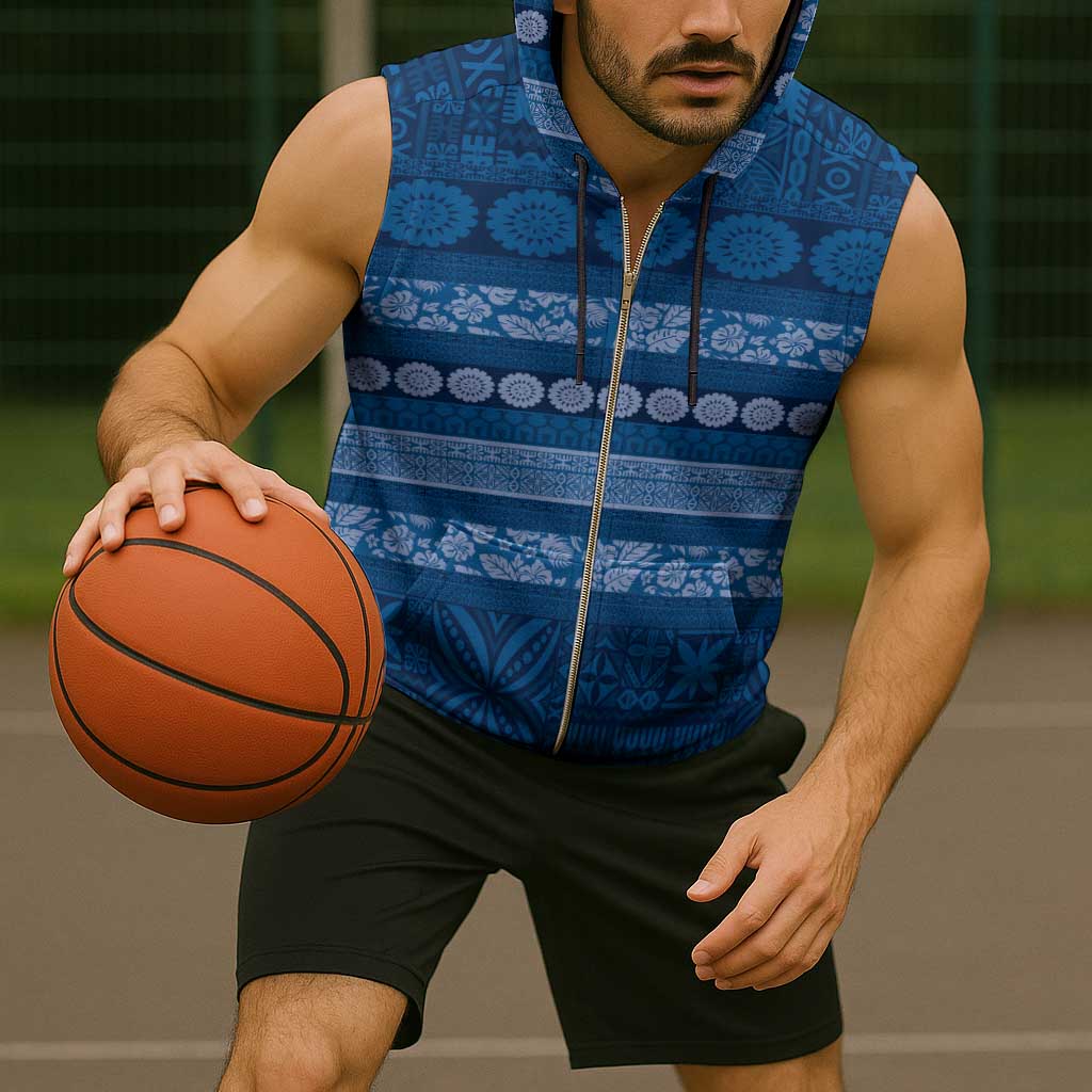 Fiji Marau na Kerisimasi Sleeveless Zip Hoodie Blue Tapa Masi Inspired Christmas - Polynesian Pride