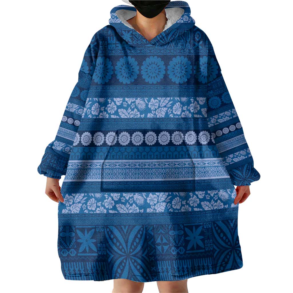 Fiji Marau na Kerisimasi Wearable Blanket Hoodie Blue Tapa Masi Inspired Christmas - Polynesian Pride
