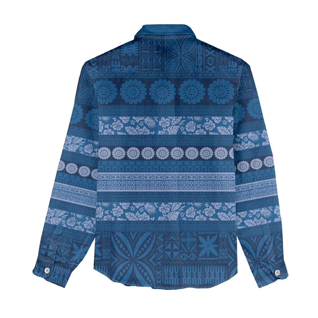 Fiji Marau na Kerisimasi Women Casual Shirt Blue Tapa Masi Inspired Christmas - Polynesian Pride