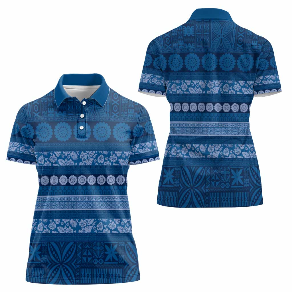 Fiji Marau na Kerisimasi Women Polo Shirt Blue Tapa Masi Inspired Christmas - Polynesian Pride