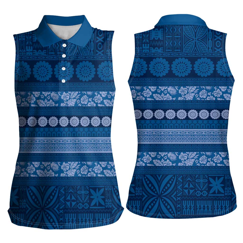 Fiji Marau na Kerisimasi Women Sleeveless Polo Shirt Blue Tapa Masi Inspired Christmas - Polynesian Pride