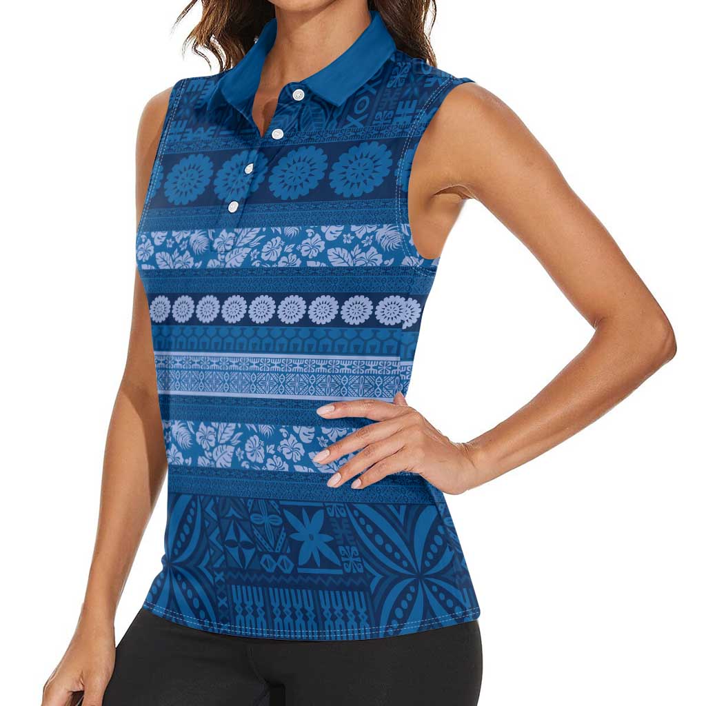 Fiji Marau na Kerisimasi Women Sleeveless Polo Shirt Blue Tapa Masi Inspired Christmas - Polynesian Pride