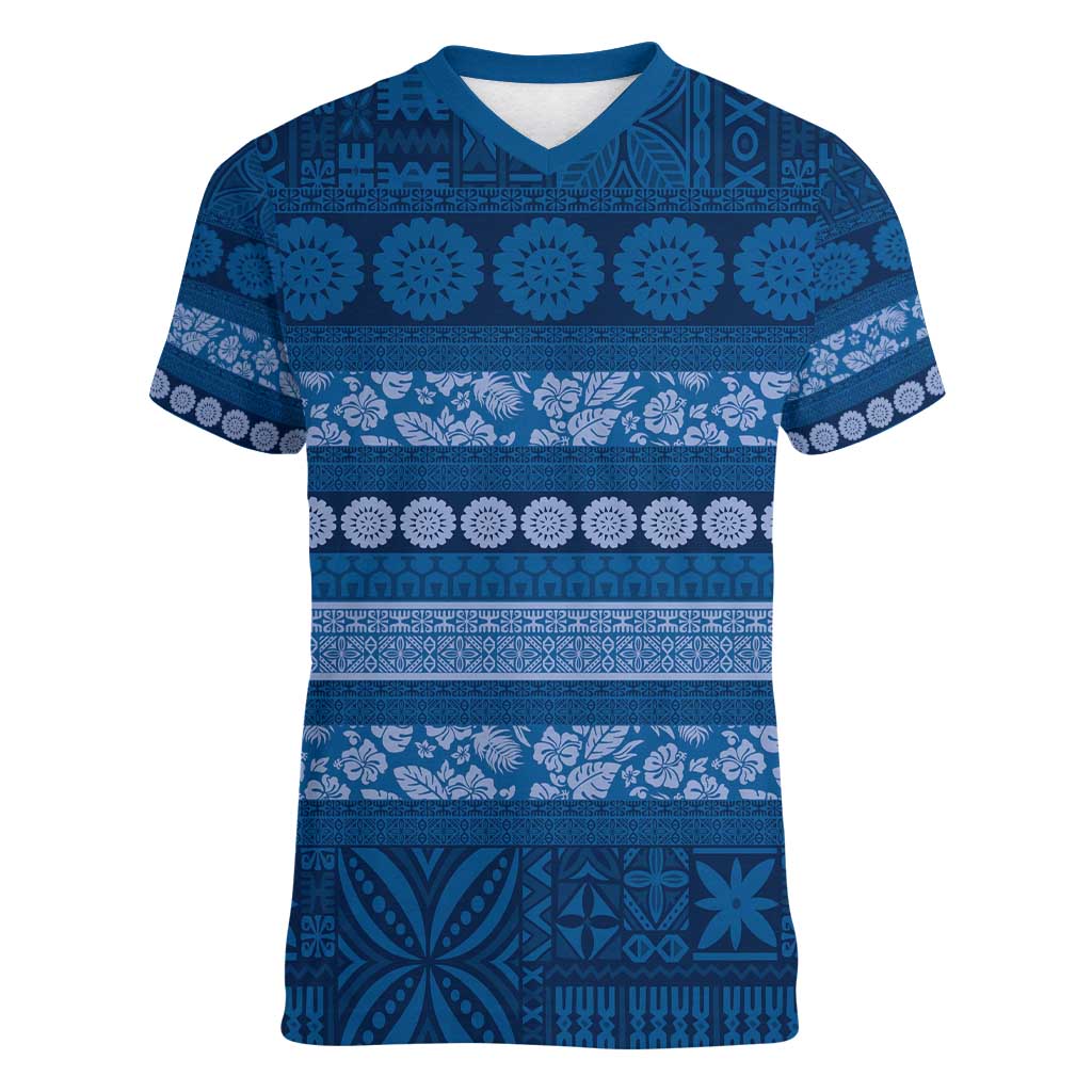 Fiji Marau na Kerisimasi Women V-Neck T-Shirt Blue Tapa Masi Inspired Christmas - Polynesian Pride