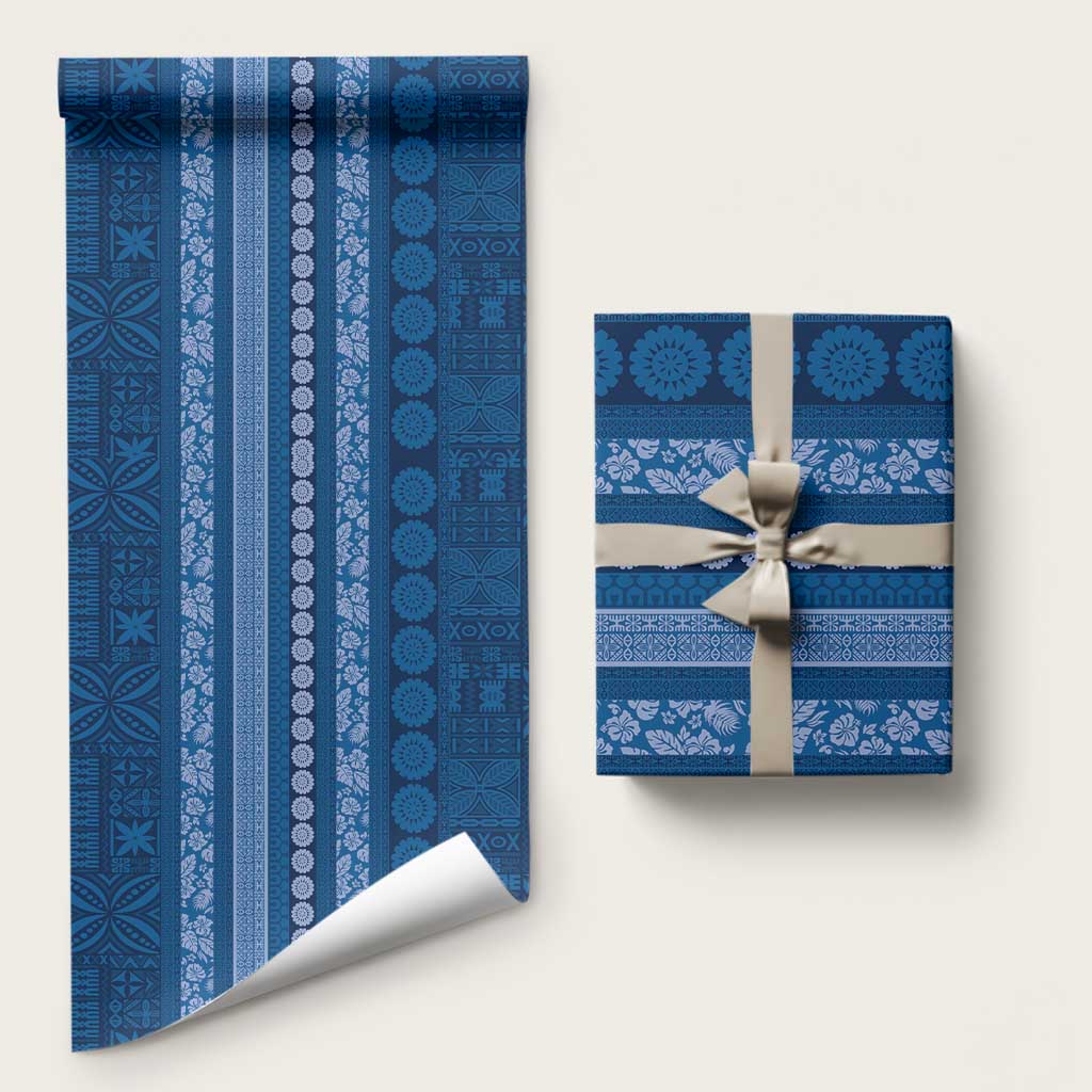 Fiji Marau na Kerisimasi Wrapping Paper Blue Tapa Masi Inspired Christmas - Polynesian Pride