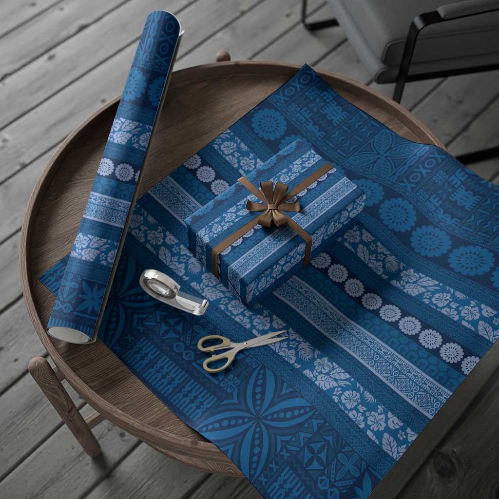 Fiji Marau na Kerisimasi Wrapping Paper Blue Tapa Masi Inspired Christmas - Polynesian Pride