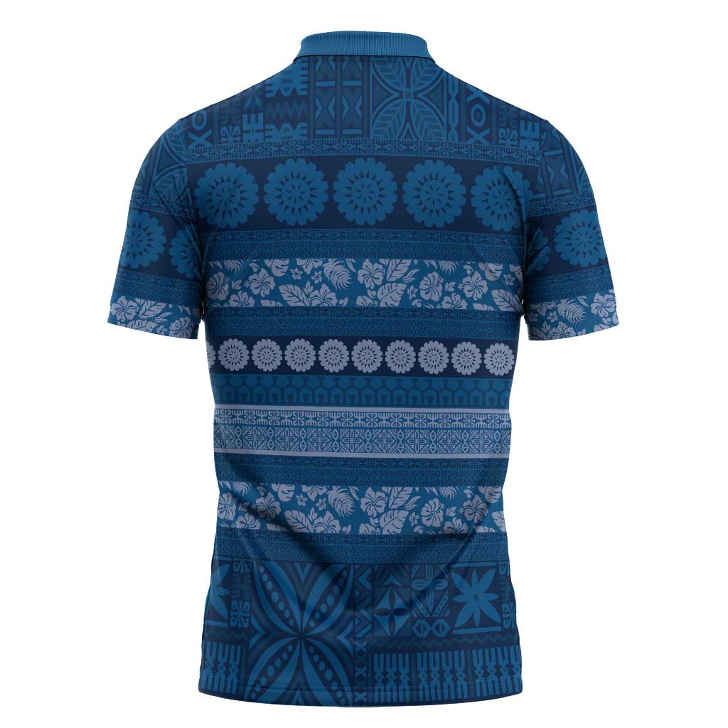 Fiji Marau na Kerisimasi Zipper Polo Shirt Blue Tapa Masi Inspired Christmas - Polynesian Pride