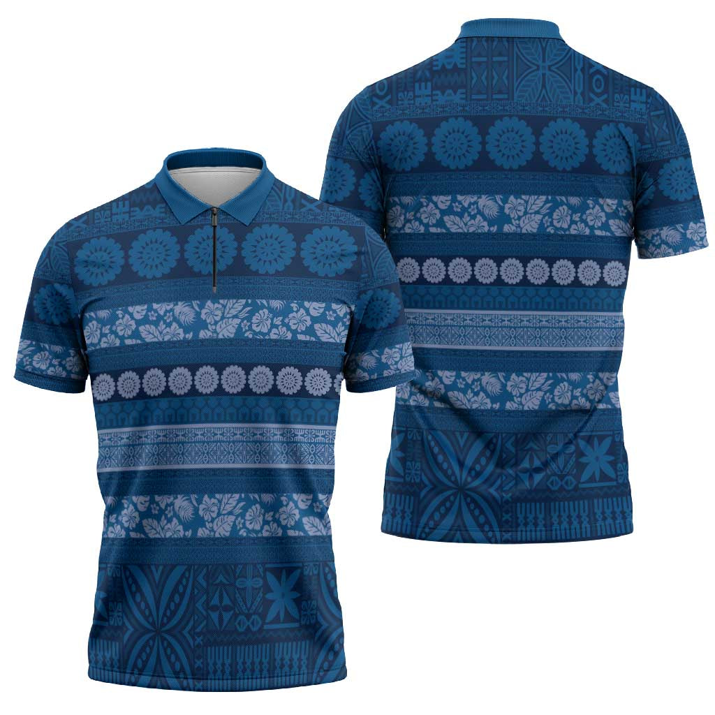 Fiji Marau na Kerisimasi Zipper Polo Shirt Blue Tapa Masi Inspired Christmas - Polynesian Pride