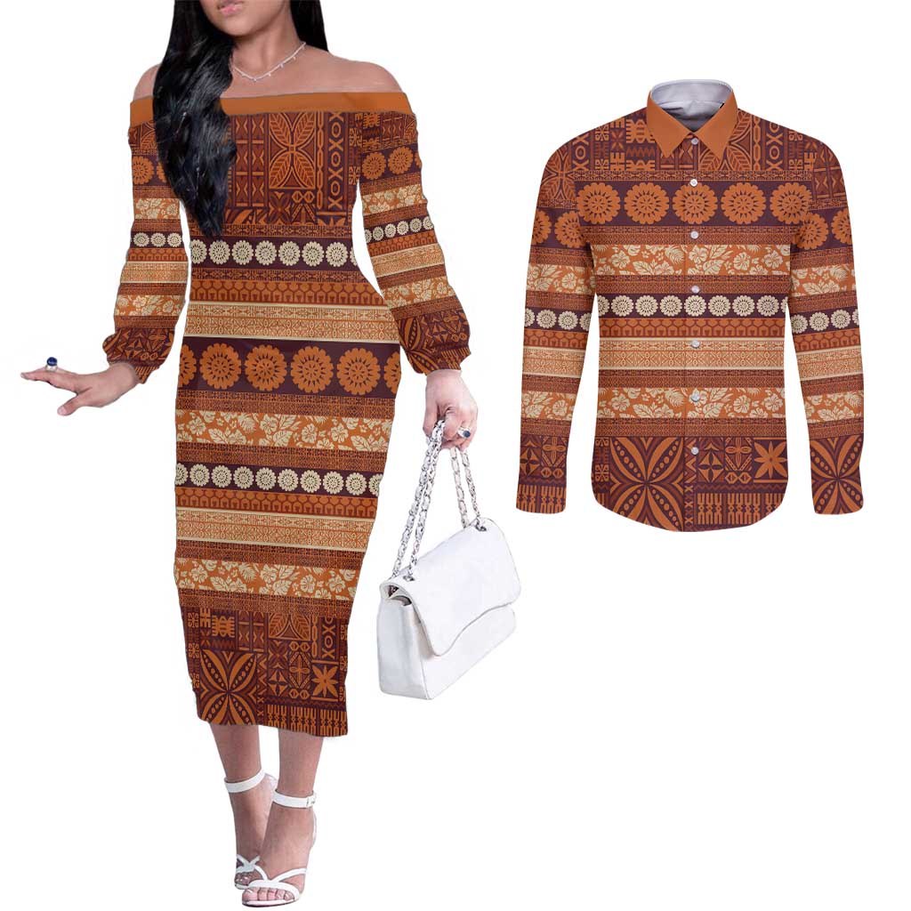 Fiji Marau na Kerisimasi Couples Matching Off The Shoulder Long Sleeve Dress and Long Sleeve Button Shirt Gold Tapa Masi Inspired Christmas - Polynesian Pride