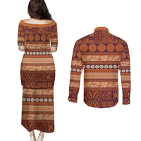 Fiji Marau na Kerisimasi Couples Matching Puletasi and Long Sleeve Button Shirt Gold Tapa Masi Inspired Christmas - Polynesian Pride