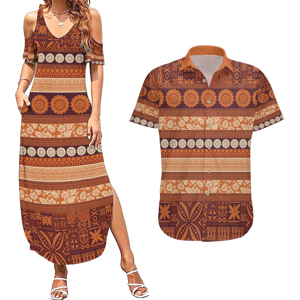 Fiji Marau na Kerisimasi Couples Matching Summer Maxi Dress and Hawaiian Shirt Gold Tapa Masi Inspired Christmas - Polynesian Pride