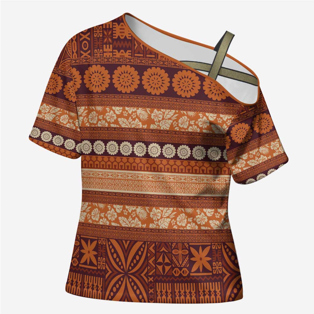 Fiji Marau na Kerisimasi Cross Shoulder Shirt Gold Tapa Masi Inspired Christmas - Polynesian Pride