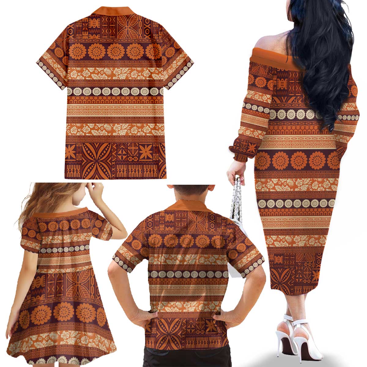 Fiji Marau na Kerisimasi Family Matching Off The Shoulder Long Sleeve Dress and Hawaiian Shirt Gold Tapa Masi Inspired Christmas - Polynesian Pride