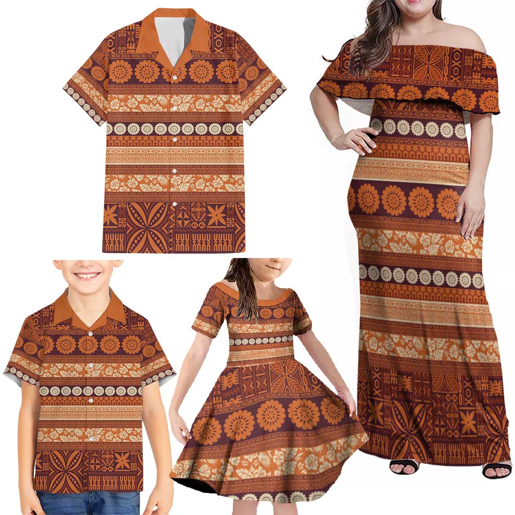Fiji Marau na Kerisimasi Family Matching Off Shoulder Maxi Dress and Hawaiian Shirt Gold Tapa Masi Inspired Christmas - Polynesian Pride