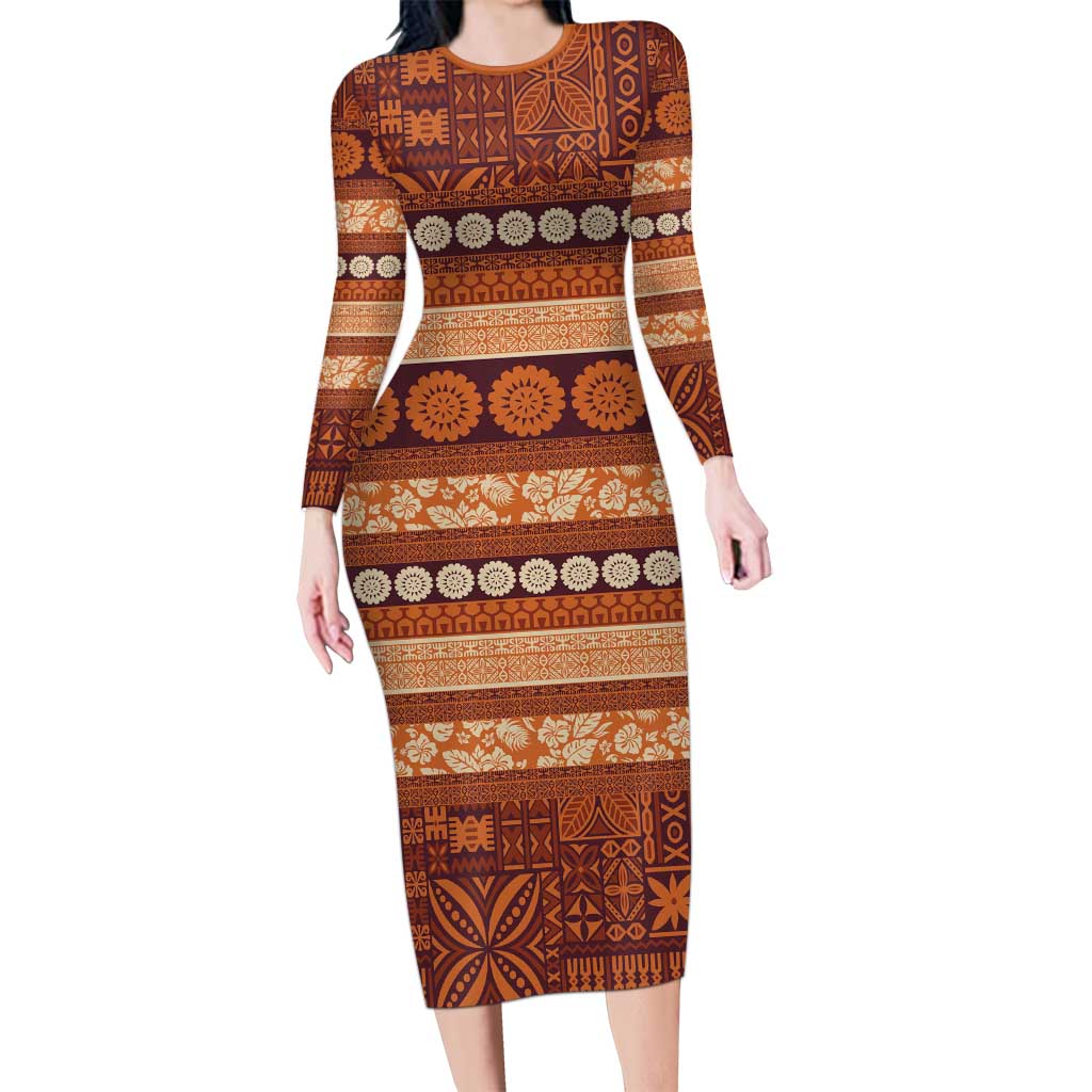 Fiji Marau na Kerisimasi Long Sleeve Bodycon Dress Gold Tapa Masi Inspired Christmas - Polynesian Pride