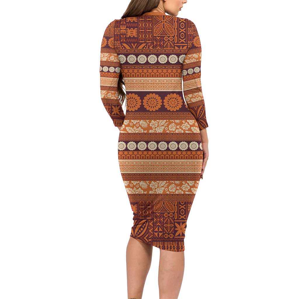 Fiji Marau na Kerisimasi Long Sleeve Bodycon Dress Gold Tapa Masi Inspired Christmas - Polynesian Pride