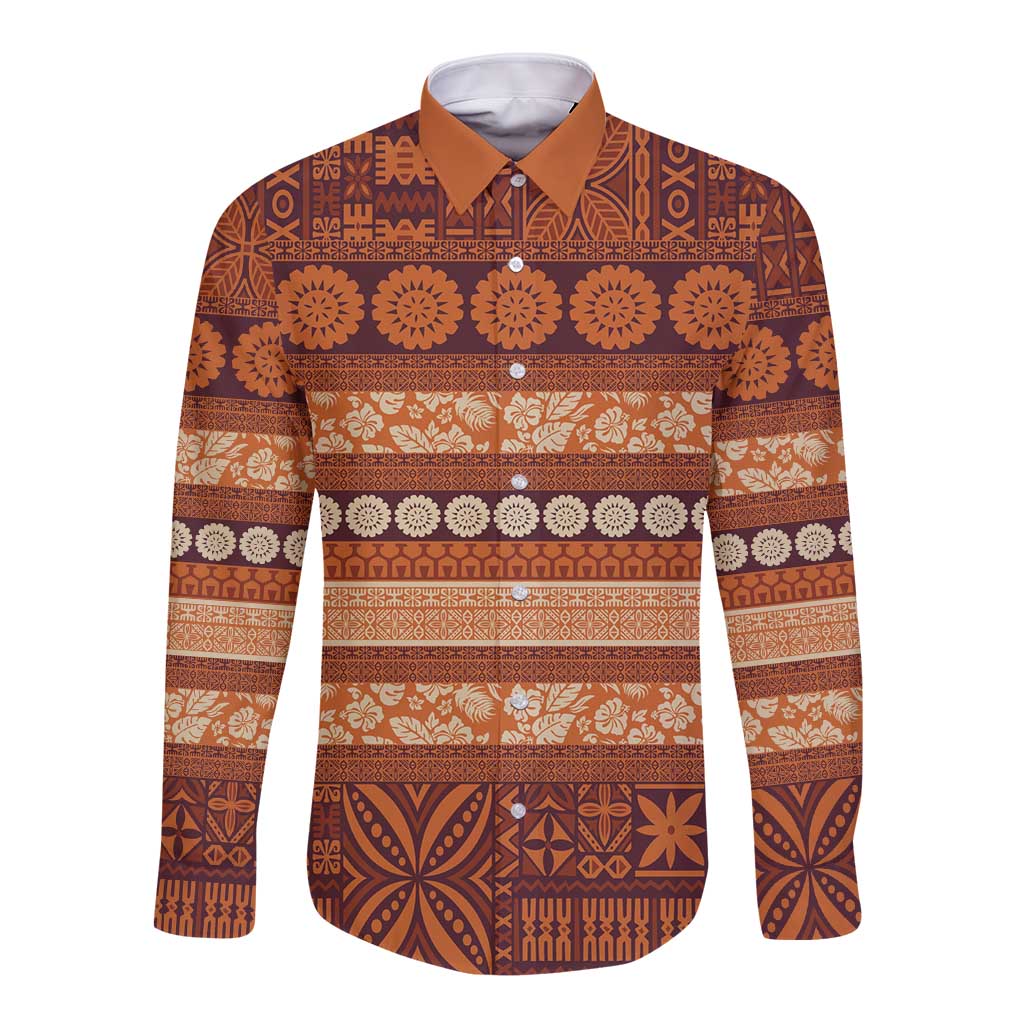 Fiji Marau na Kerisimasi Long Sleeve Button Shirt Gold Tapa Masi Inspired Christmas - Polynesian Pride