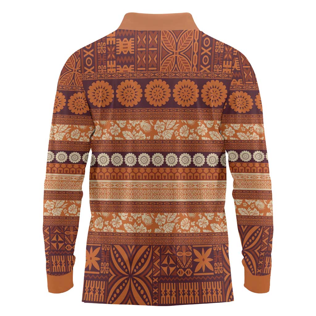 Fiji Marau na Kerisimasi Long Sleeve Polo Shirt Gold Tapa Masi Inspired Christmas - Polynesian Pride