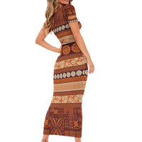 Fiji Marau na Kerisimasi Short Sleeve Bodycon Dress Gold Tapa Masi Inspired Christmas - Polynesian Pride
