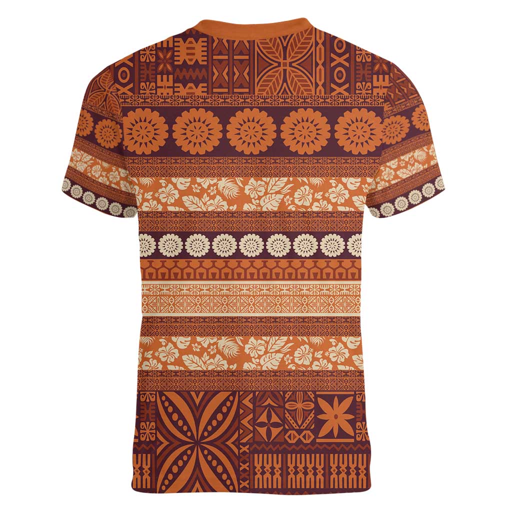 Fiji Marau na Kerisimasi Women V-Neck T-Shirt Gold Tapa Masi Inspired Christmas - Polynesian Pride