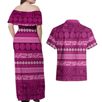 Fiji Marau na Kerisimasi Couples Matching Off Shoulder Maxi Dress and Hawaiian Shirt Pink Tapa Masi Inspired Christmas - Polynesian Pride