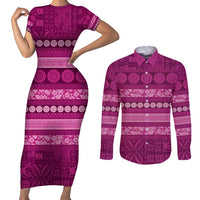 Fiji Marau na Kerisimasi Couples Matching Short Sleeve Bodycon Dress and Long Sleeve Button Shirt Pink Tapa Masi Inspired Christmas - Polynesian Pride