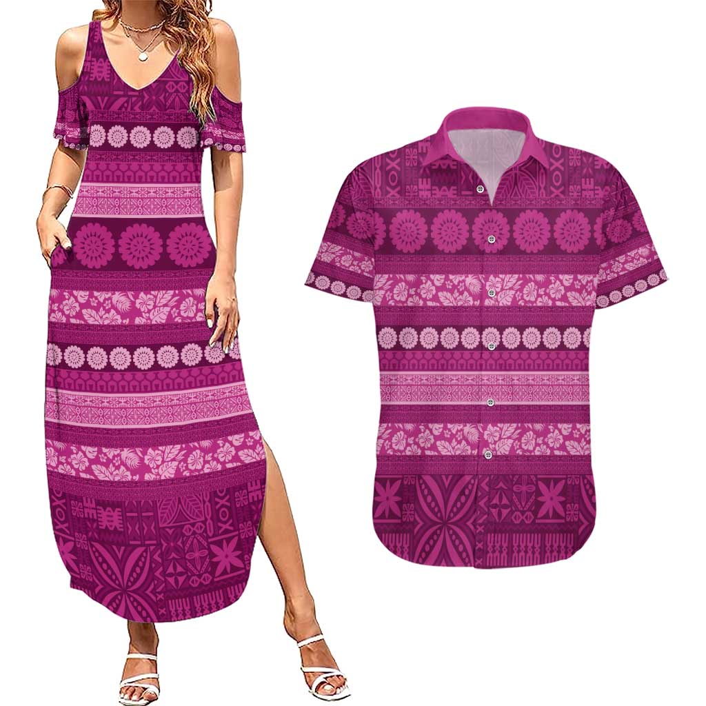 Fiji Marau na Kerisimasi Couples Matching Summer Maxi Dress and Hawaiian Shirt Pink Tapa Masi Inspired Christmas - Polynesian Pride