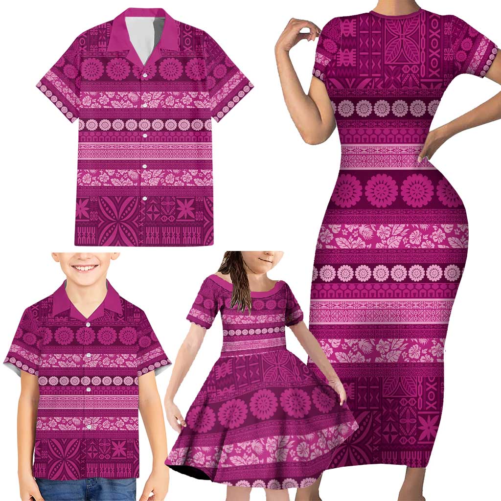 Fiji Marau na Kerisimasi Family Matching Short Sleeve Bodycon Dress and Hawaiian Shirt Pink Tapa Masi Inspired Christmas - Polynesian Pride