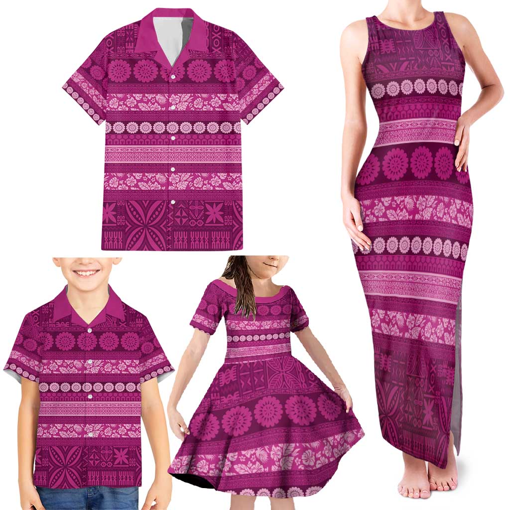 Fiji Marau na Kerisimasi Family Matching Tank Maxi Dress and Hawaiian Shirt Pink Tapa Masi Inspired Christmas - Polynesian Pride