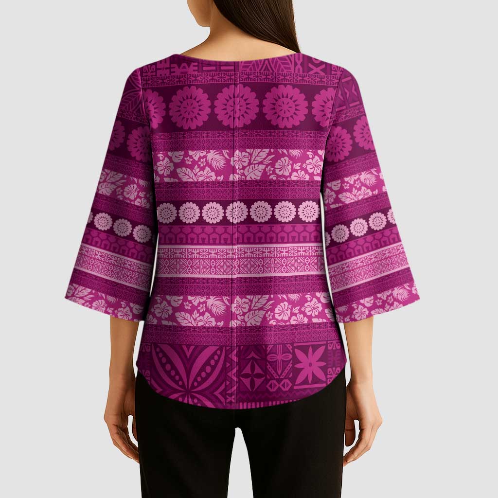 Fiji Marau na Kerisimasi Kimono Sleeve Blouse Pink Tapa Masi Inspired Christmas - Polynesian Pride