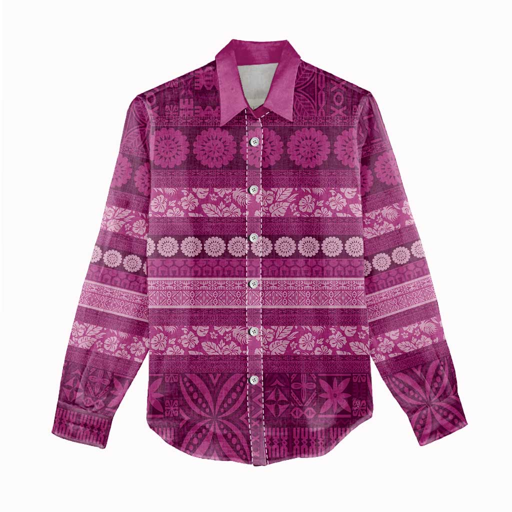 Fiji Marau na Kerisimasi Women Casual Shirt Pink Tapa Masi Inspired Christmas - Polynesian Pride