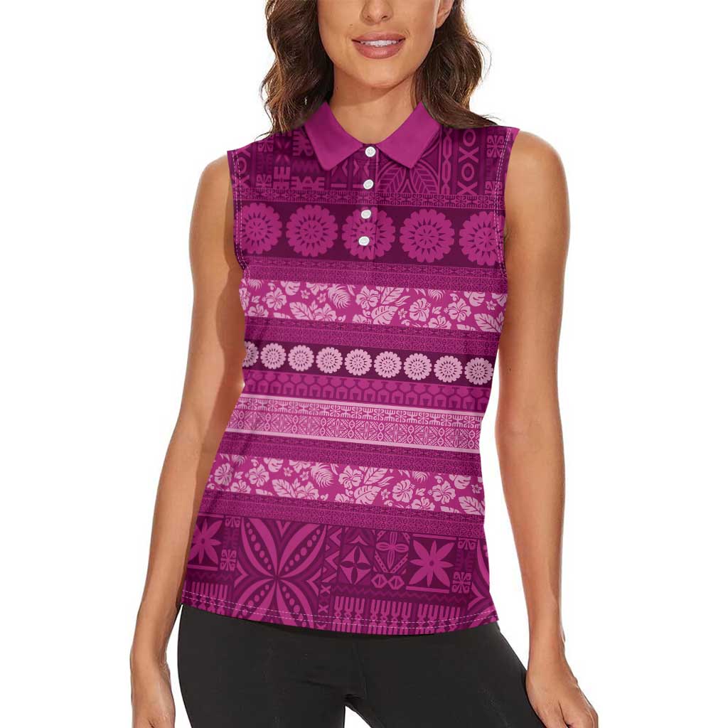 Fiji Marau na Kerisimasi Women Sleeveless Polo Shirt Pink Tapa Masi Inspired Christmas - Polynesian Pride