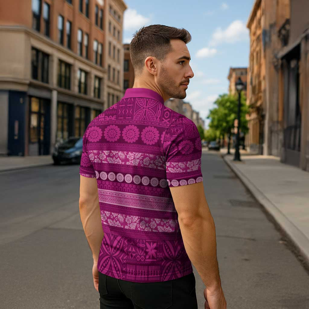Fiji Marau na Kerisimasi Zipper Polo Shirt Pink Tapa Masi Inspired Christmas - Polynesian Pride