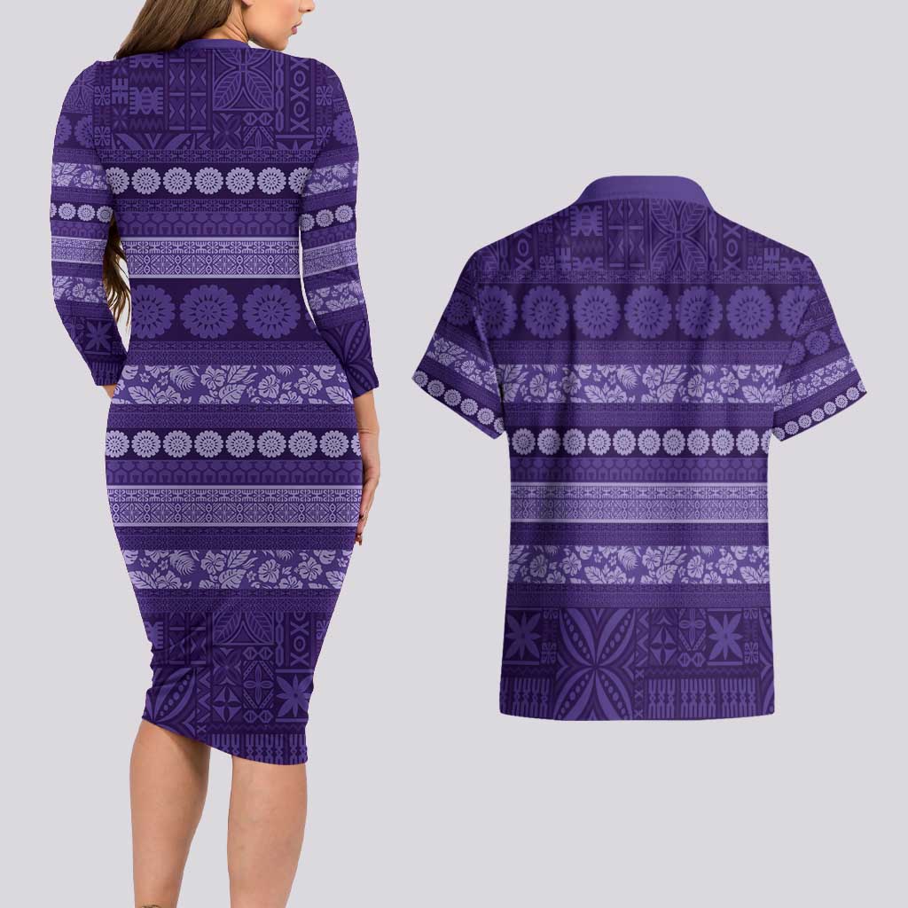 Fiji Marau na Kerisimasi Couples Matching Long Sleeve Bodycon Dress and Hawaiian Shirt Purple Tapa Masi Inspired Christmas - Polynesian Pride